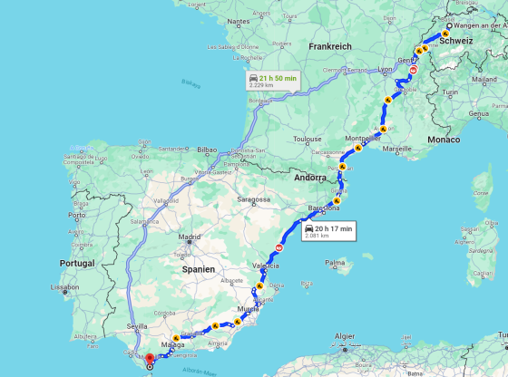 Europakarte, die Spanien, Frankreich, Portugal und Teile Nordafrikas zeigt.