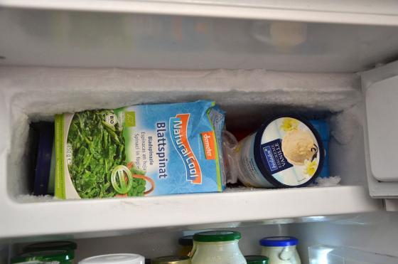 Mehrere verpackte Spinatprodukte und ein Behältnis mit Dip auf einem Kühlschrankregal.